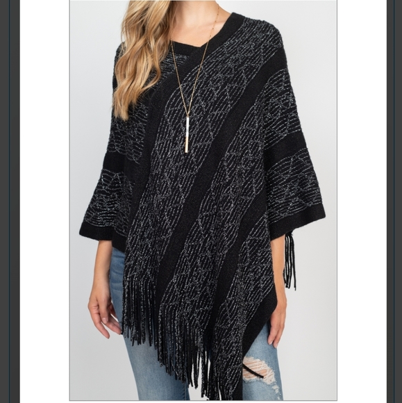 New! Ladies Black & Silver Metallic Poncho - Picture 3 of 9